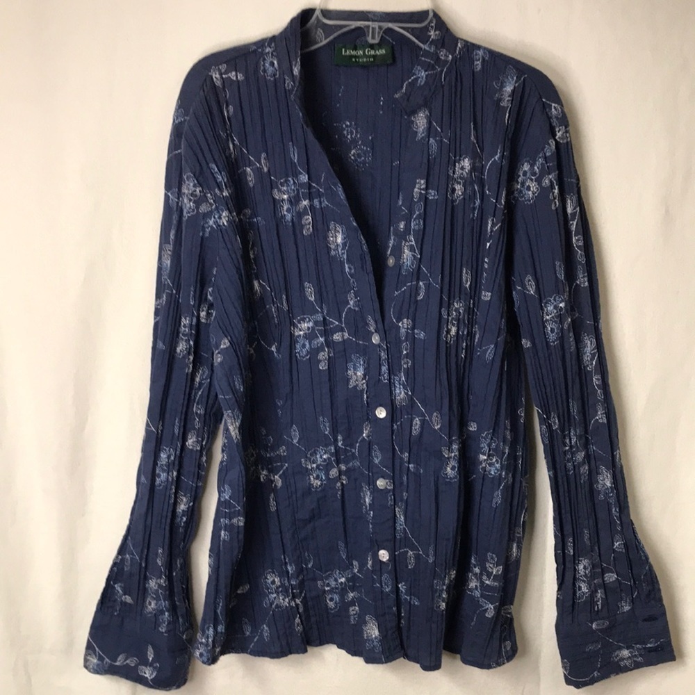 Lemon Grass Studio Women’s Floral Blouse Embroidered Long sleeve Blue